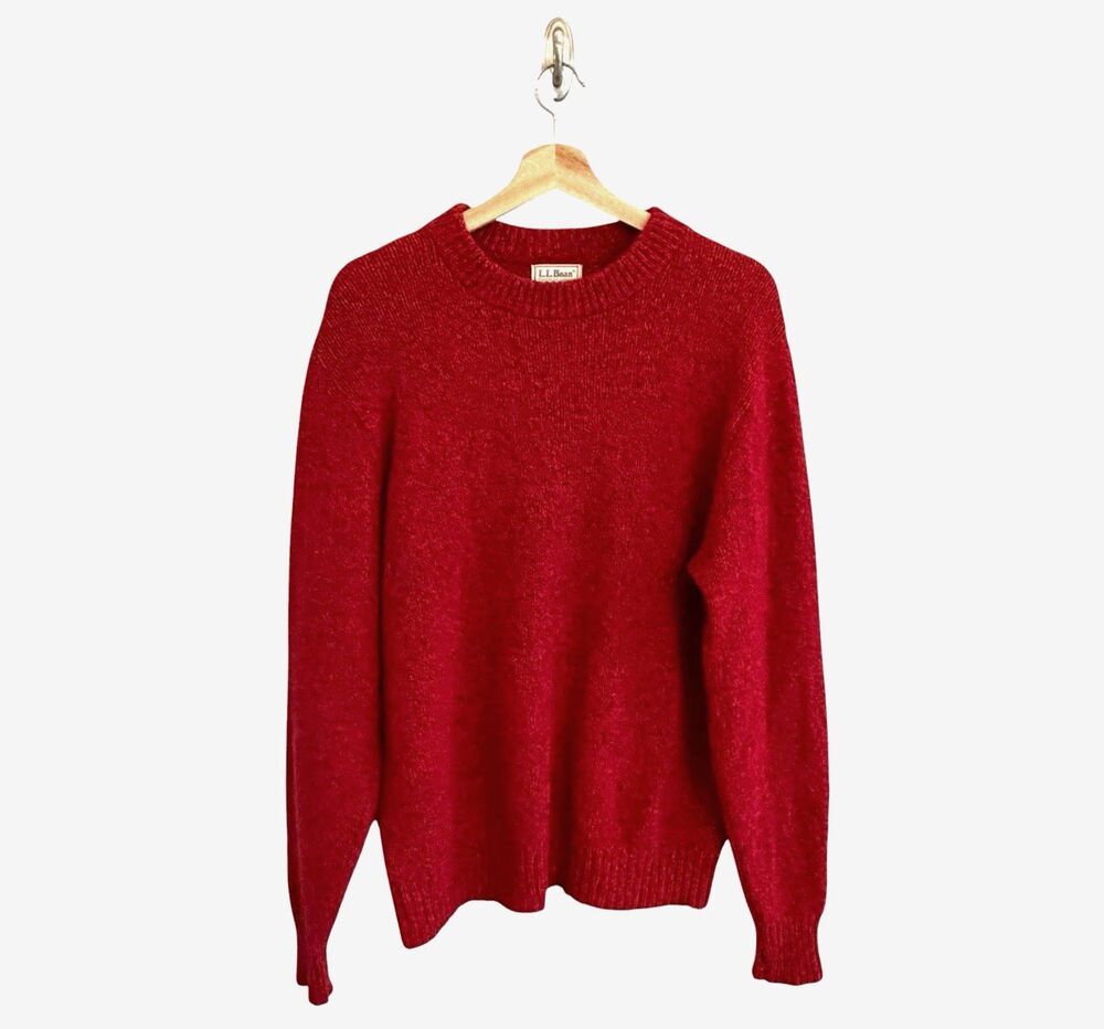 Vintage LL Bean Mens Red Wool Blend Knit Crewneck Sweater 70s 80s Made in USA